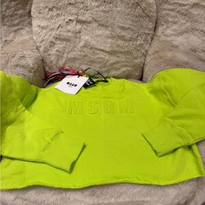 New With Tags MSGM Lime Green Cotton French Terry Crop Sweatshirt